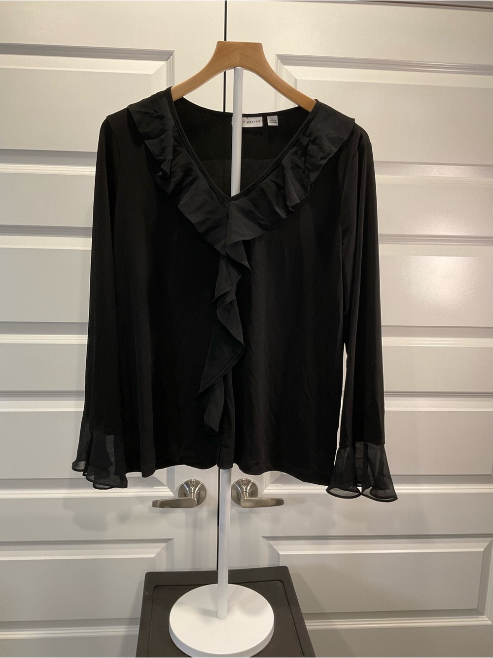 Susan Graver Black Ruffle V-Neck Long Sleeve Blouse